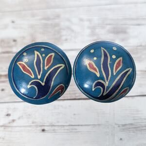 Vintage Clip On Earrings 1 & 5/8" Large Blue With Painted Design